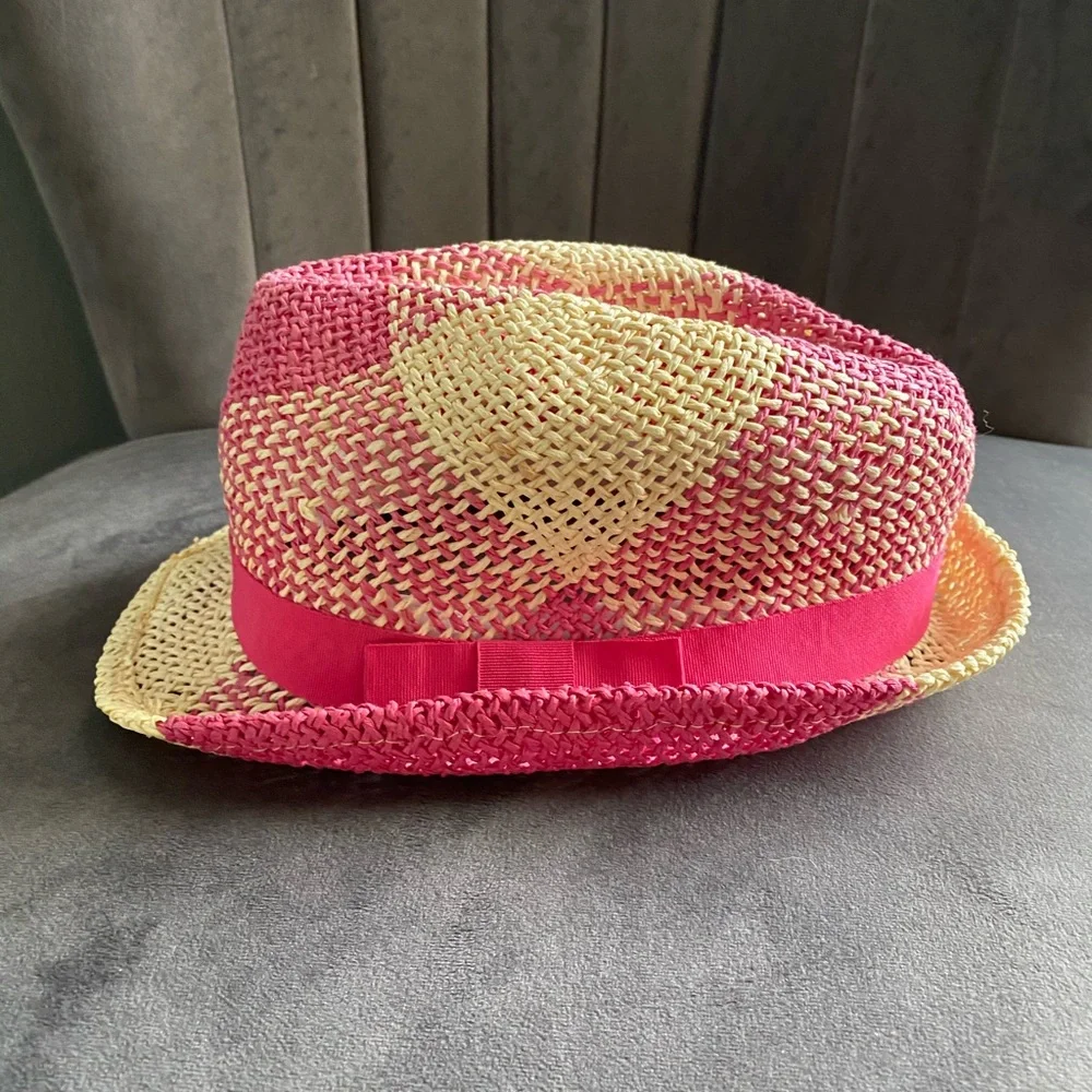 Nicole Marciano tan and pink straw fedora hat